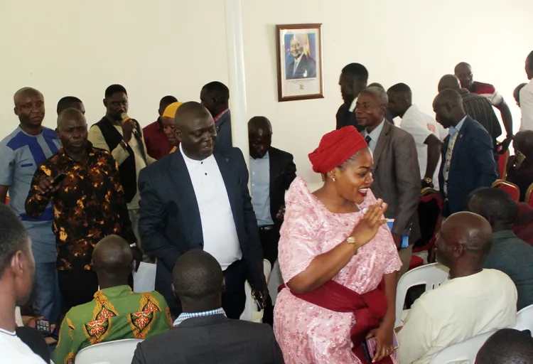 Iganga-woman-MP-Sauda-A.-Kauma-in-gomesi-leads-Farouk-Kirunda-after-meeting-Busoga-MCs-at-Skyeez-Hotel-in-Iganga.-PHOTO-BY-GEORGE-BITA