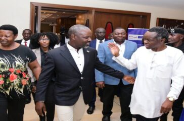 Tayebwa (c) interacts with Prof Patrice Lumumba, a Kenyan lawyer and public speaker. On his right is former MP, Hon. Miria Matembe