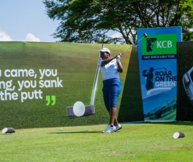 Agnes Mayanja, Executive Manager KCB Bank tees off with precision during the KCB East Africa Golf Tour Launch at Lake Victoria Serena Golf Resort & Spa