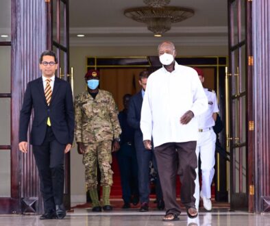 President Museveni shares a light moment with outgoing French Ambassador to Uganda Xavier Sticker after a meeting at State House Entebbe on Tuesday. PPU Photo