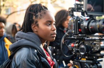 Young filmmaker operating professional camera on urban set Young filmmaker operating professional camera on urban set
