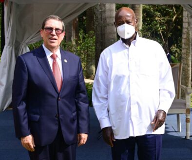 Cuba's Foreign Affairs Minister Bruno Rodriguez poses for a photo with President Museveni on the sidelines of the NAM Ministerial meeting at Speke Resort Munyonyo on Wednesday. PPU Photo