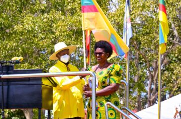 President Museveni presents an NRM party flag to Serere Woman MP flagbearer Hon Helen Adoa during a campaign rally in Serere town on Monday November 3. PPU Photo