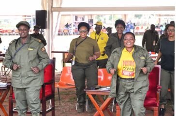 (L-R) Vice President Jesca Alupo, Persis Namuganza and Premier Nabajja and other ministers going through a session of drills during a cabinet retreat at Kyankwanzi on Monday. PPU Photo