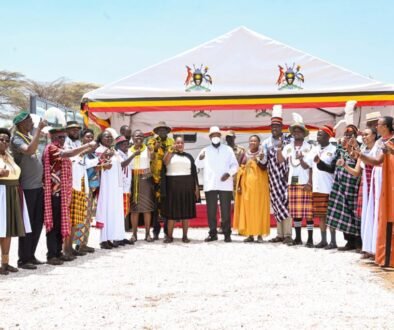 President Museveni (C) poses for a photo with MPs and ministers from Karamoja sub region during the Karamoja Cultural Day celebrations held in Moroto Municipality on Wednesday. PPU Photo